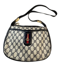 Rare Vintage Gucci GG Monogram Navy Blue Leather and Canvas Shoulder Bag