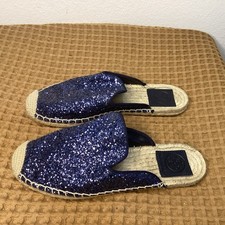 TORY BURCH MAX Women  s Sz 6 M GLITTER ESPADRILLE SLIDES MULES FLAT SHOES NAVY