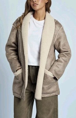 Native Youth Claine Distressed Taupe Faux Suede Shearling Coat Women's Sz L NWT