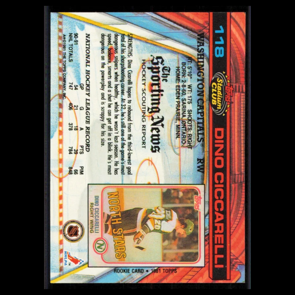 Dino Ciccarelli #118 1991 Topps Stadium Club Washington Capitals Hockey Card NHL - Image 2 of 3