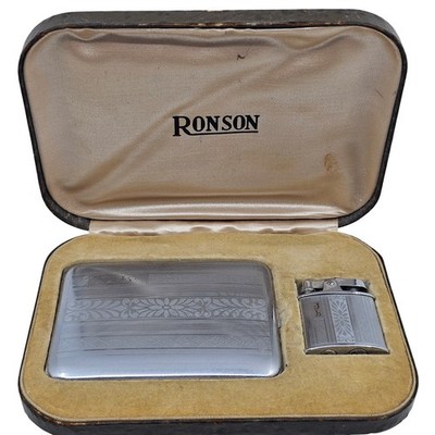 Vintage Ronson De-Light Lighter and Cigarette Case Set with Original Box JL