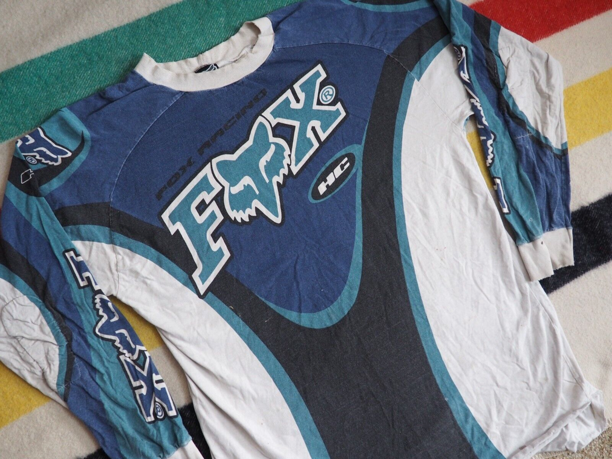 VTG 90s FOX Racing HC MX Moto MTB Retro L/S Blue White Logo Shirt