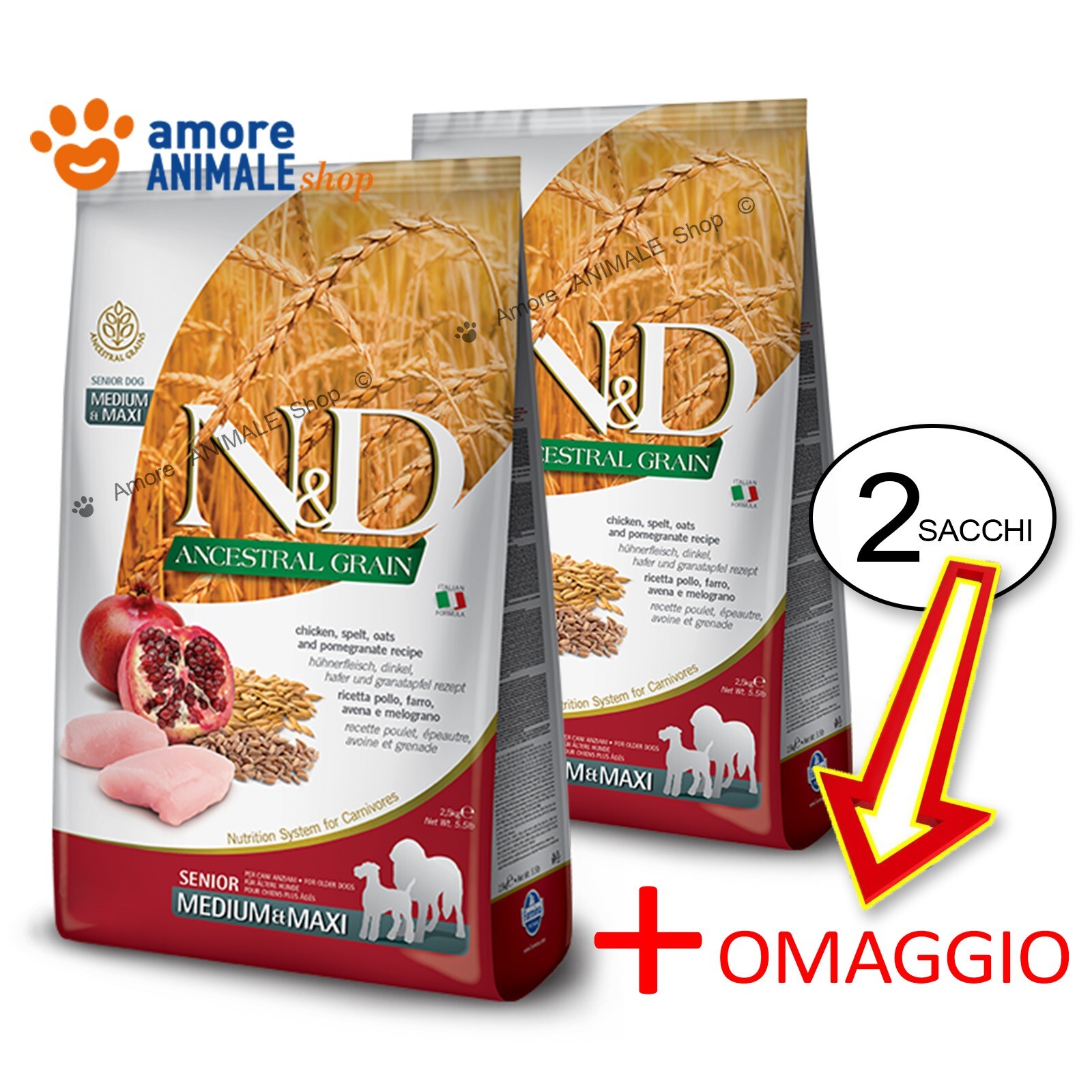2 Sacchi- Farmina Perro N y D Ancestral Mayor Medio / Maxi → Pollo Granada 12KG