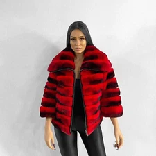 Women Real Rex Rabbit Fur Coat Genuine Fur Chinchilla Lapel Jacket Outwear W/Zip