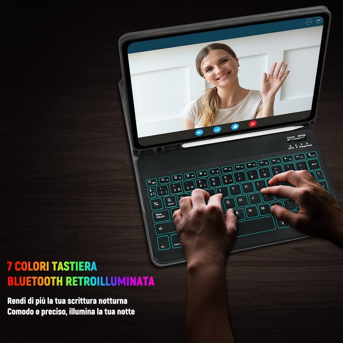 Custodia Con Tastiera Bluetooth Per IPad 10.2" - Compatibile Con Modelli 2017-2021, Layout IT QWERTY, Nero - Foto 7