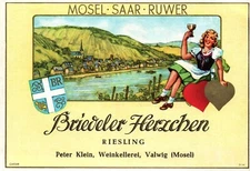 Vintage German Wine Label 1950s-60s Lady Hearts Briedeler Herzchen River