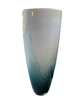 Blown Glass Vase 11.5” Blue Green  Aqua White Beach Ocean Style Beachy Chic