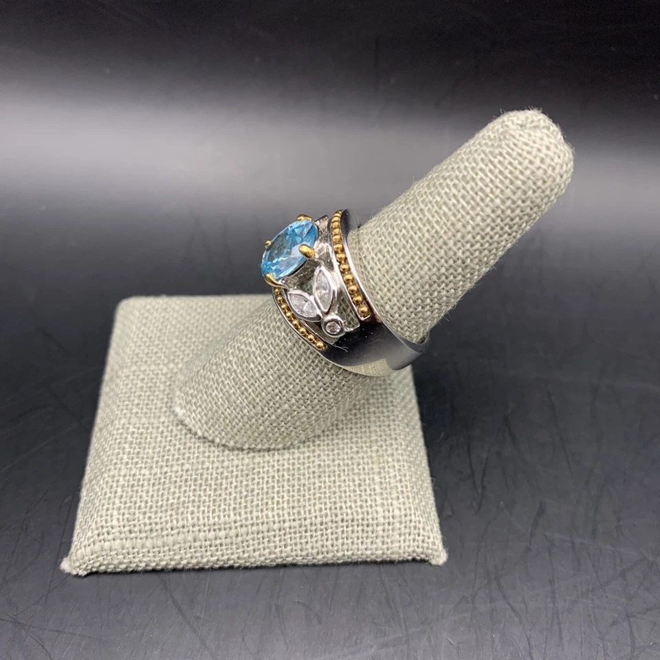 Anillo Floral Dos Tonos Talla 8 Piedra Vidrio Azul Plata Tono Dorado Trabajo Abierto Grueso Foto 4 de 4