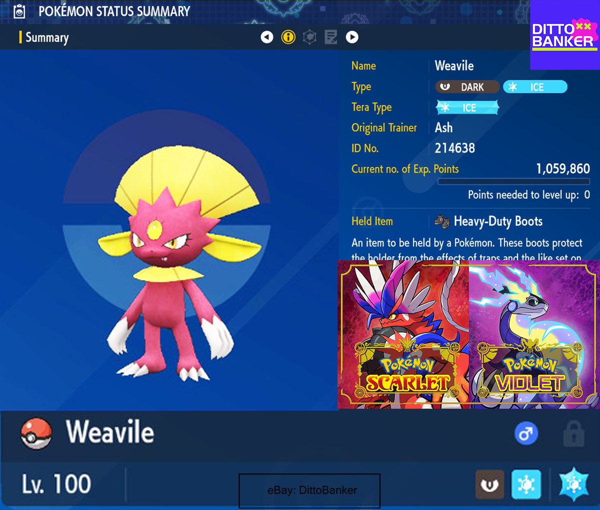 Pokemon Scarlet/Violet ✨SHINY WEAVILE Lv100 Jolly 6IV w/ Heavy