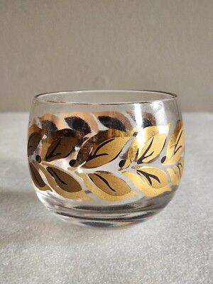 Vintage ''Roly Poly'' Bar Glass by Federal Glass  Gold & Black Laurel Leaf Pattern