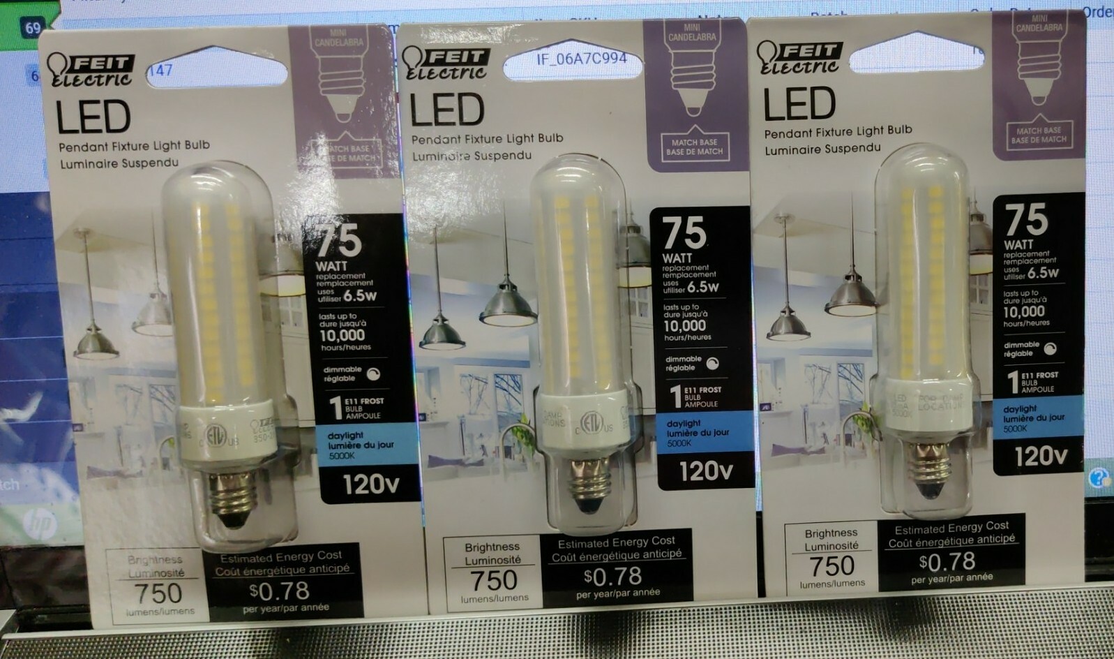 3 PK Feit Electric Tube E11 LED Bulb Daylight 75 Watt Eq for Pendant Fixtures