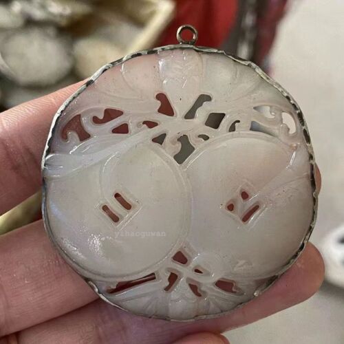 Chinese antique Hotan Jade carving inlaid white copper necklace pendant - Picture 4 of 8