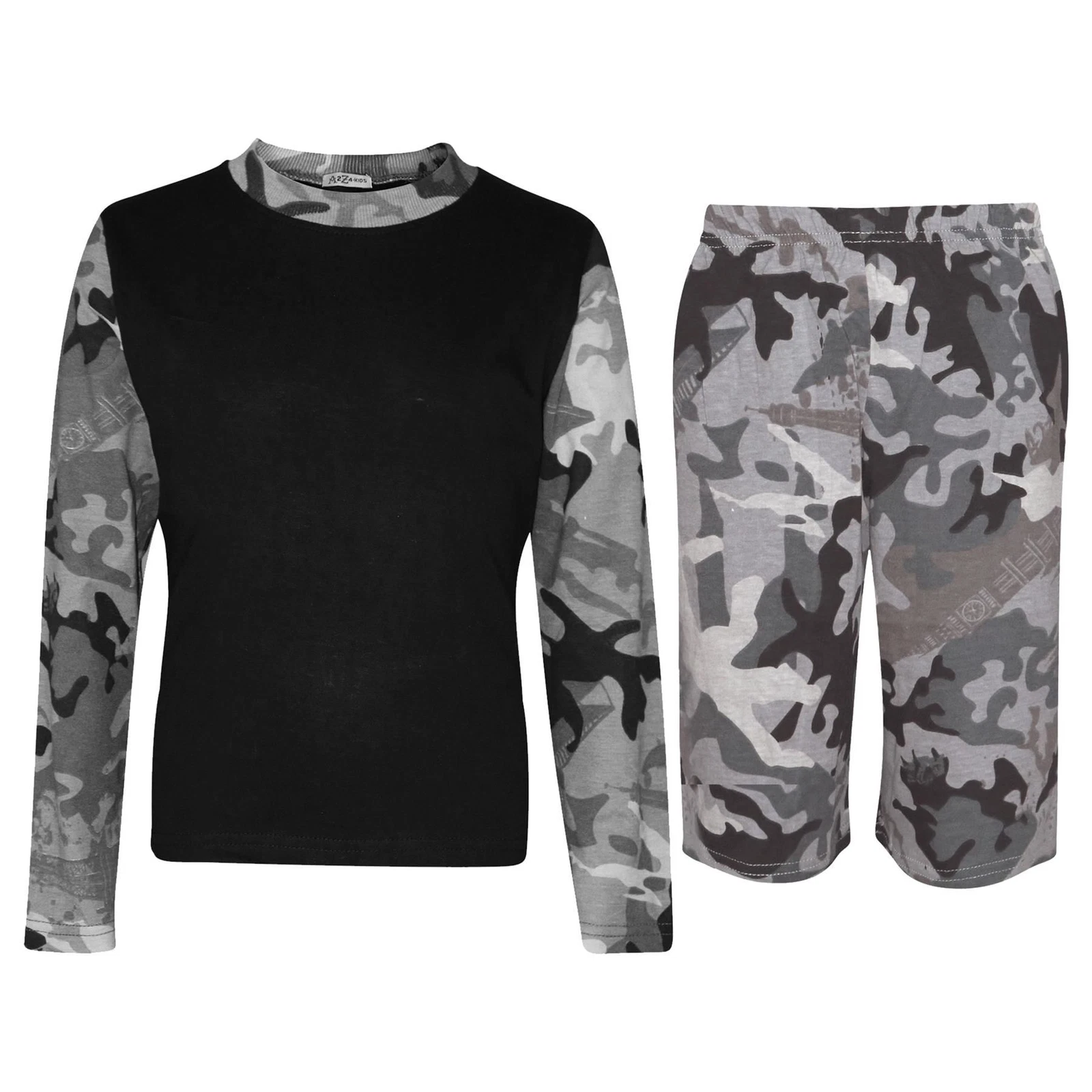 Boys Girls Plain T Shirt Camo Charcoal Top & Shorts Summer Clothing Sets