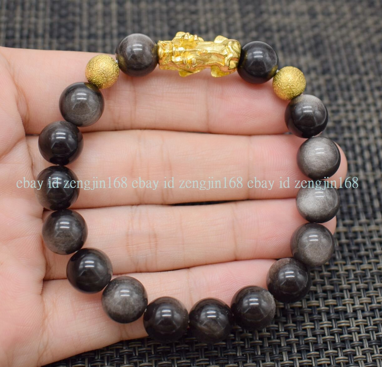 Beautiful10mm Silver Eye Obsidian Round Gemstone& Pi Xiu Bracelet Jewelry 7.5''