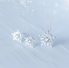 925 Sterling Silver Snowflake Pendant Chain Necklace Stud Earrings Jewelry Set
