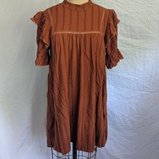 Deep Orange Short Puff Sleeve Mini Shift Dress Size S Peasant Boho Festival Fall