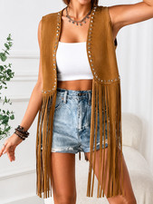 Men s Brown Suede Leather Fringe Vest Western Cowboy Biker Studded Sleeveless