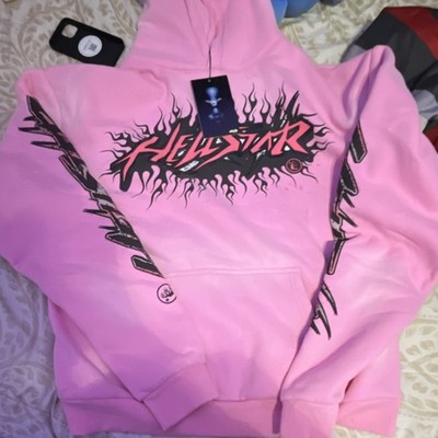 Hellstar Pink Graphic Print Pullover Hoodie Cotton Fleece Men's