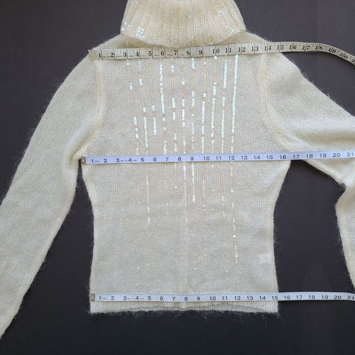 Vintage Y2K Turtleneck Sweater M Ivory Cream Mohair Fuzzy Sequins Moda Intl - Picture 5 of 10