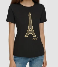Karl Lagerfeld Women's Black Petite Eiffel Tower T-Shirt Petite Size PS