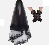 Black Lace Veil Bridal Wedding Goth Halloween Veil w Comb Gloves Mass Costume