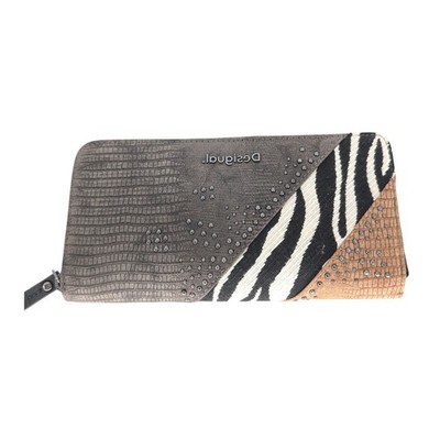 Desigual Zip Around Wallet Womens OS Grey Mixed Animal Print Studded Boho Edgy