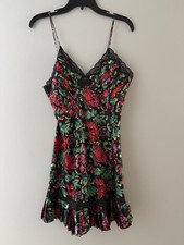 Vintage Victorias Secret Babydoll Slip Dress M Red Floral Black Lace Gold Label