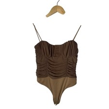 LOVERS FRIENDS Brown Ruched Mesh Bustier Bodysuit Top Snap Albany Sz Medium