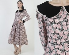 Vtg 80s Jessica McClintock Rose Floral Dress Romantic Deco Victorian Tea Midi
