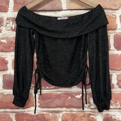 Gaze Crop Top Womens Small Black Heathered Knit Off Shoulder Shirt