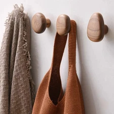 Pebble shaped Wall Mounted Coat Hook Natural Wood Clothes Hanger Decorative Key 
