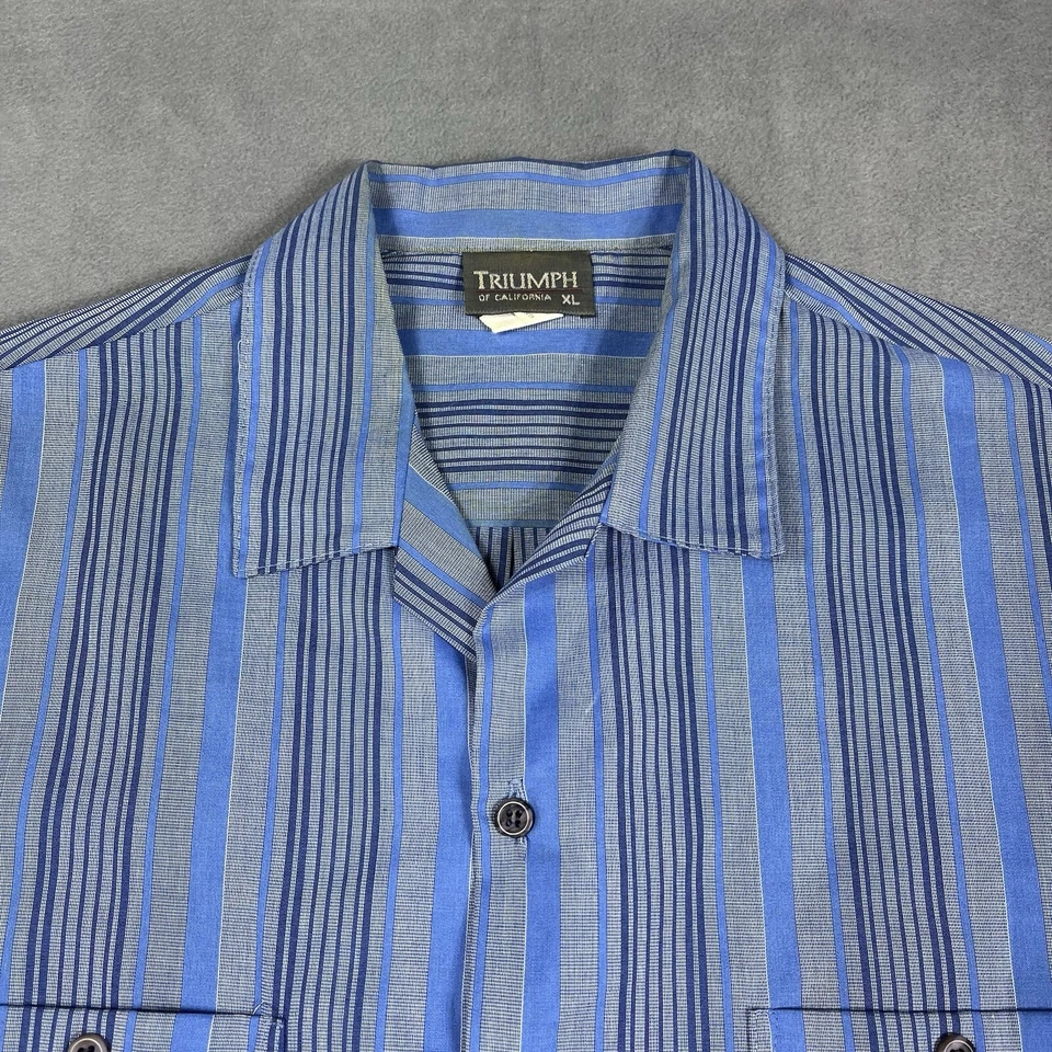 VTG Triumph Of California Shirt Mens XL Blue Striped Button Up Short Sleeve — 第 2/4 张图片