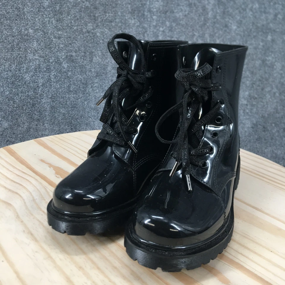 DKNY Rain Boots Womens 9 Tilly Black Rubber Lace Up Round Toe Ankle Top - Image 3 of 4