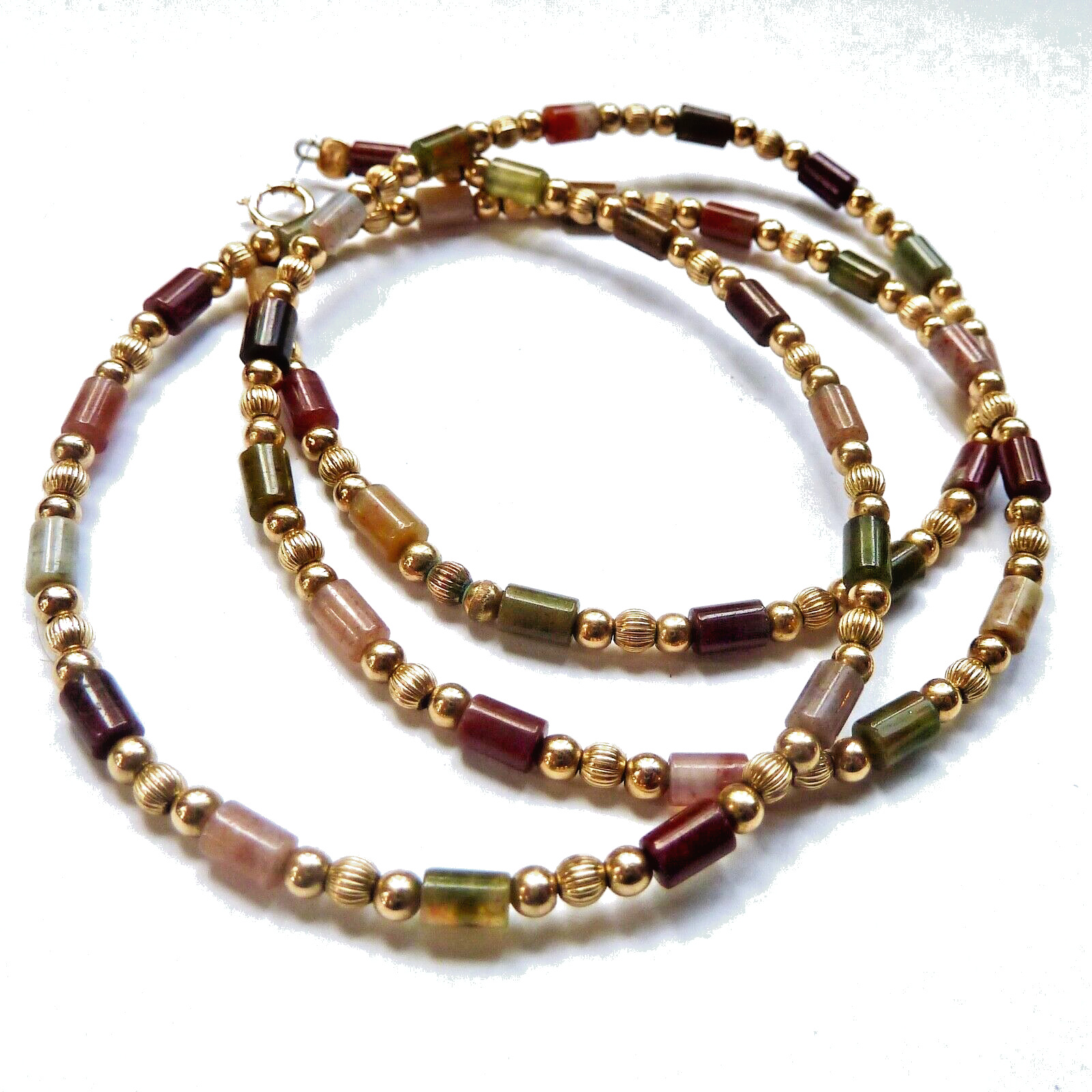 Multi Color Jasper Barrel Bead Necklace 14K Gold … - image 2