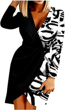 WOMEN PLUS SIZE 2 TONE V-NECK LONG SLEEVE WRAP DRESS  ( SIZE XL )