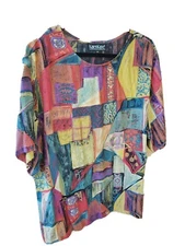 VTG 90s Karen Kane Sz 16 Pullover Multicolor Rayon Top S/S Wearable Art USA Y2K