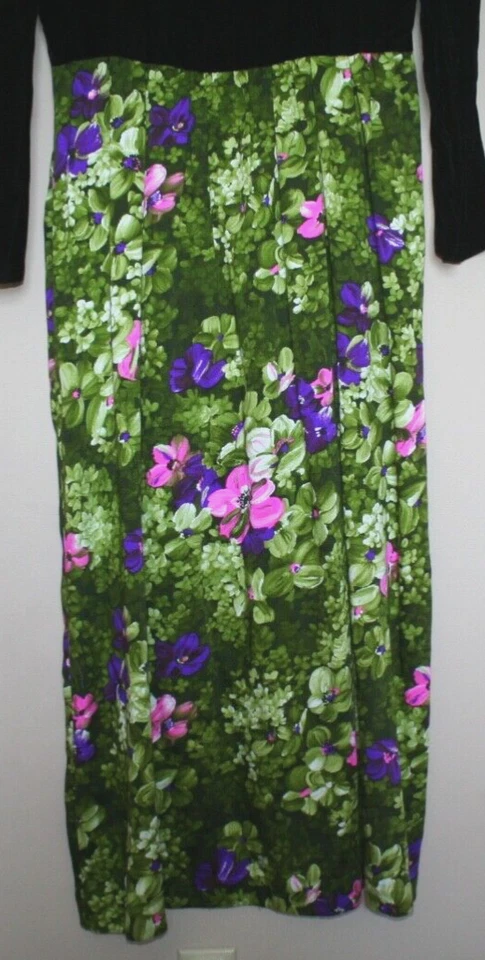 Maxi Vestido Vintage Mod Negro Terciopelo Verde Rosa Floral Grande 12 14 60s 70s Foto 4 de 4