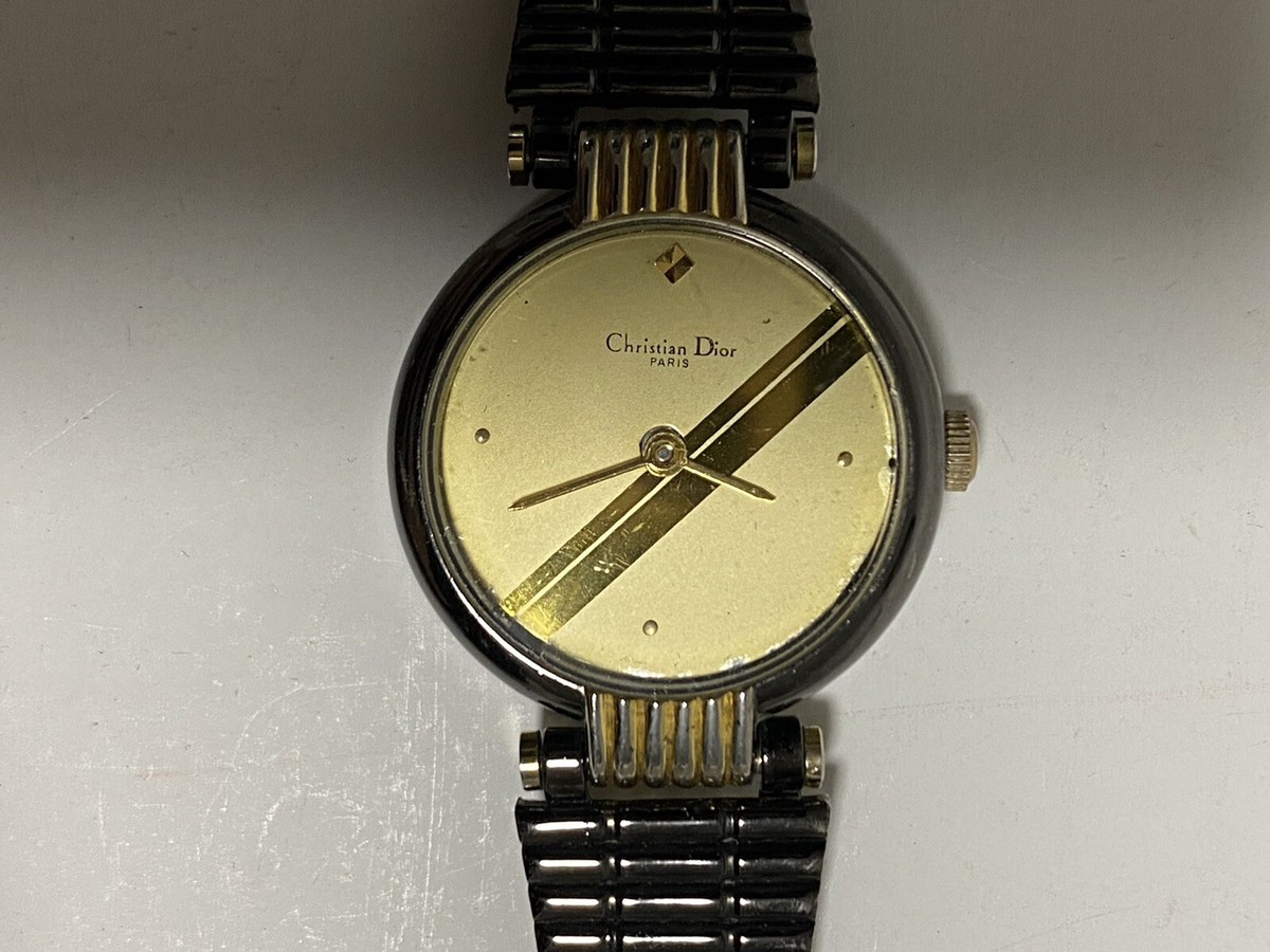 Vintage 80s Christian Dior Watch Silver Gold Tone Metal Band