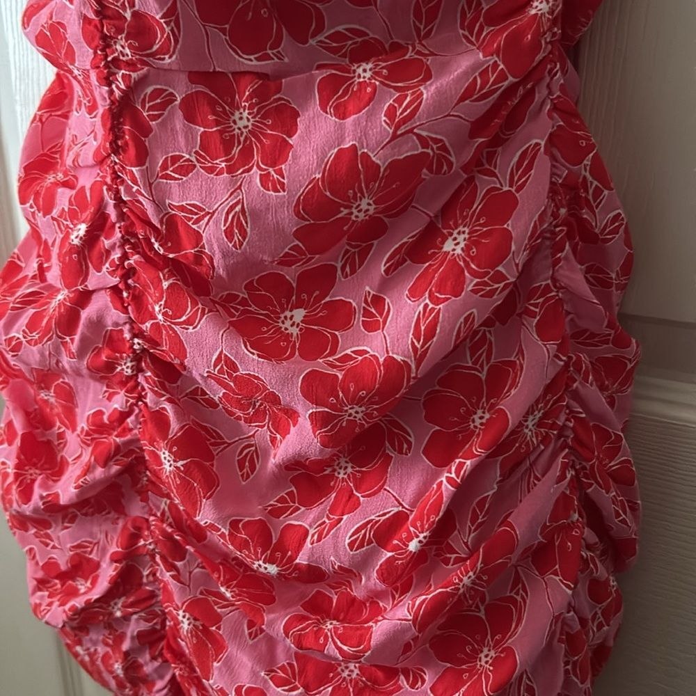 Zara Women's Pink Red Floral Ruched Body-con Mini Dress Sz Med Valentine’s Day thumbnail 9