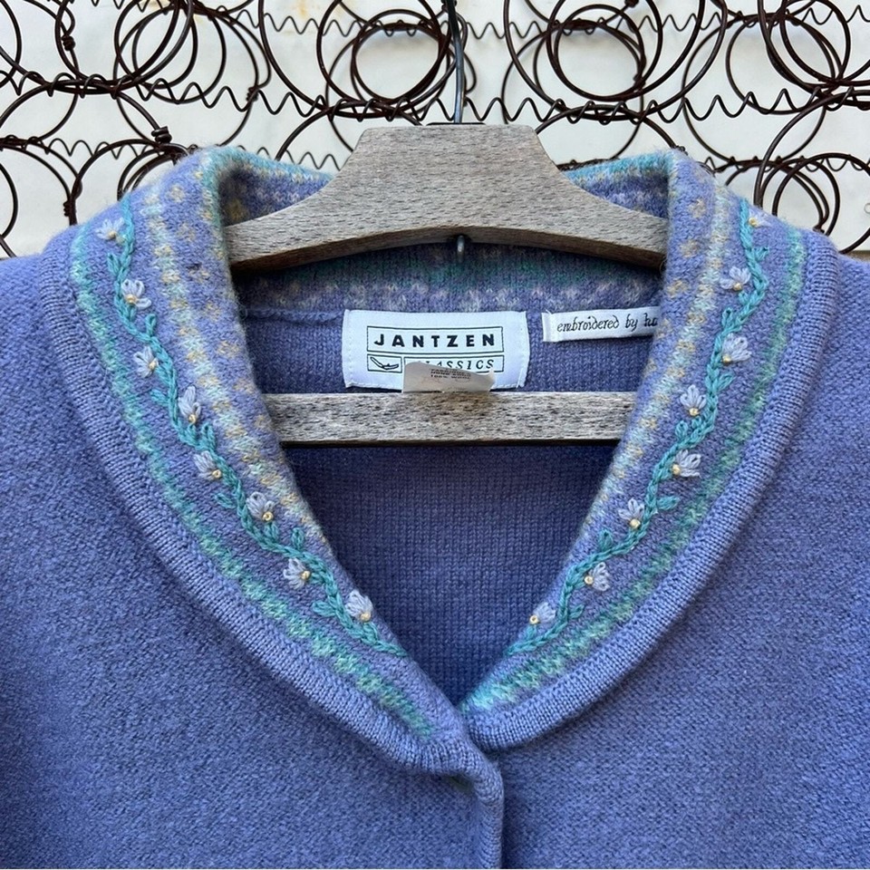 VTG Jantzen Lavender Boiled Wool Faerie Kei Embroidered Granny Cardigan
