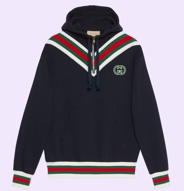 Gucci Cotton Jersey Dark Blue/Green and Red Web Hooded Gucci Cotton Jersey Dark Blue/Green and Red Web Hooded