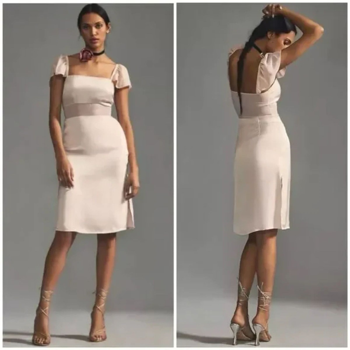 Anthropologie Light Sand Flutter Sleeve Mesh Panel Dress Size New