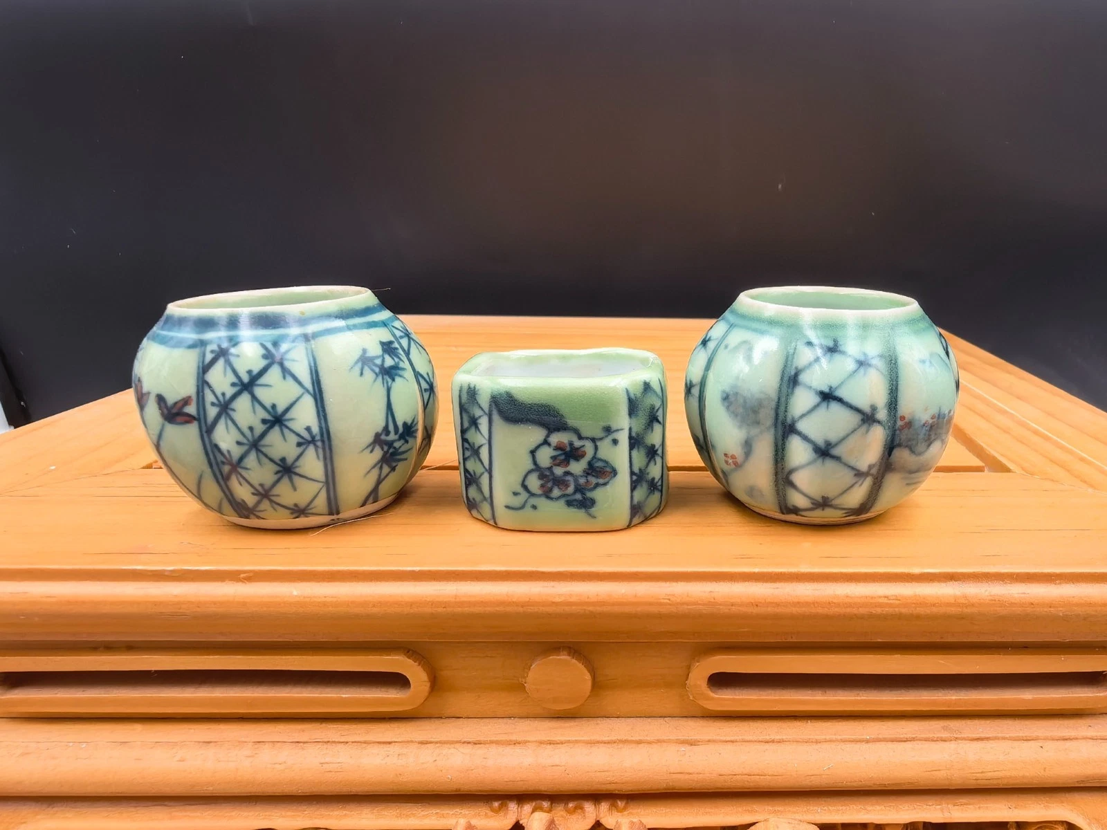 Old cups from the 1970s 1set 3pcs Asian Bamboo Bird Cage porcelain food cups