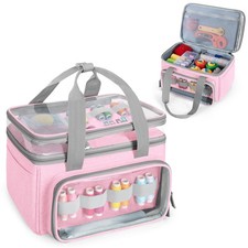 Double Layer Sewing Storage Organizer Bag with Transparent Compartment Pink