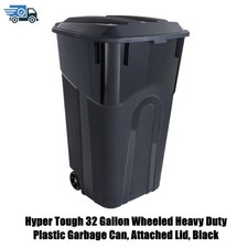Hyper Tough 32 Gallon Wheeled Heavy Duty Plastic Garbage Can, Attached Lid, Blac