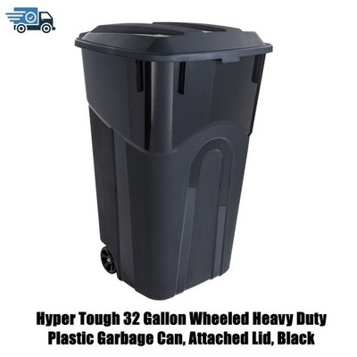 Hyper Tough 32 Gallon Wheeled Heavy Duty Plastic Garbage Can, Attached Lid, Blac