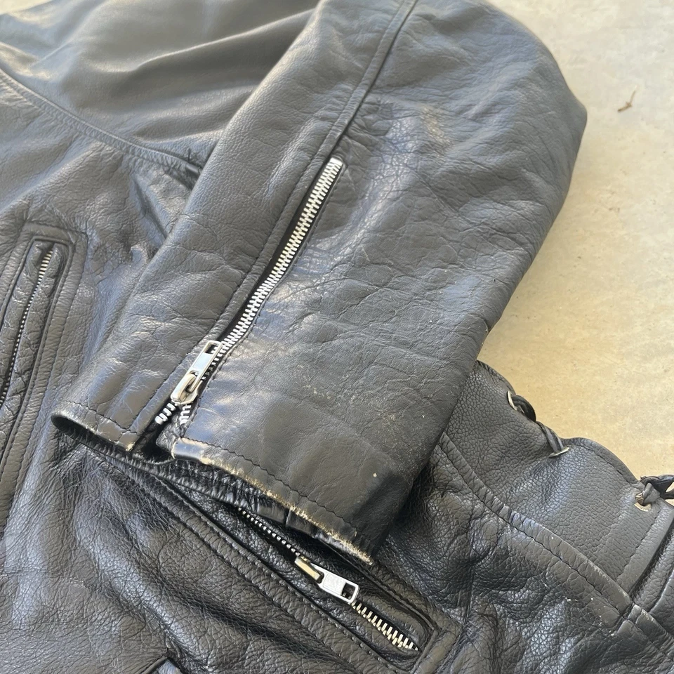 Chaqueta de motociclista clásica de cuero talla 48 vintage excelente abrigo negro años 70’s Foto 3 de 4