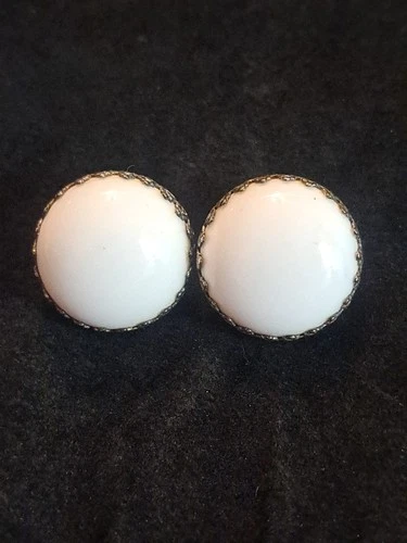 Vintage Signed Miriam Haskell White Silver Tone Round Clip On Earrings