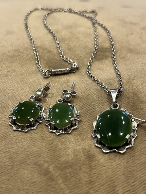 925 Sterling Silber Nephrit Jade Anhänger Halskette & Ohrringe Vintage Set