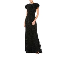 Mac Duggal Size 12 Black High Neck Flutter Cap Sleeve Beaded Gown MSRP $598